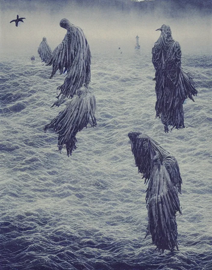 Image similar to worshippers in robes belonging to the cult of the lighthouse standing in waves with ravens flying overhead, a lighthouse, ravens, high detailed beksinski painting, part by adrian ghenie and gerhard richter. art by takato yamamoto. masterpiece, dark and moody, deep colours, blue