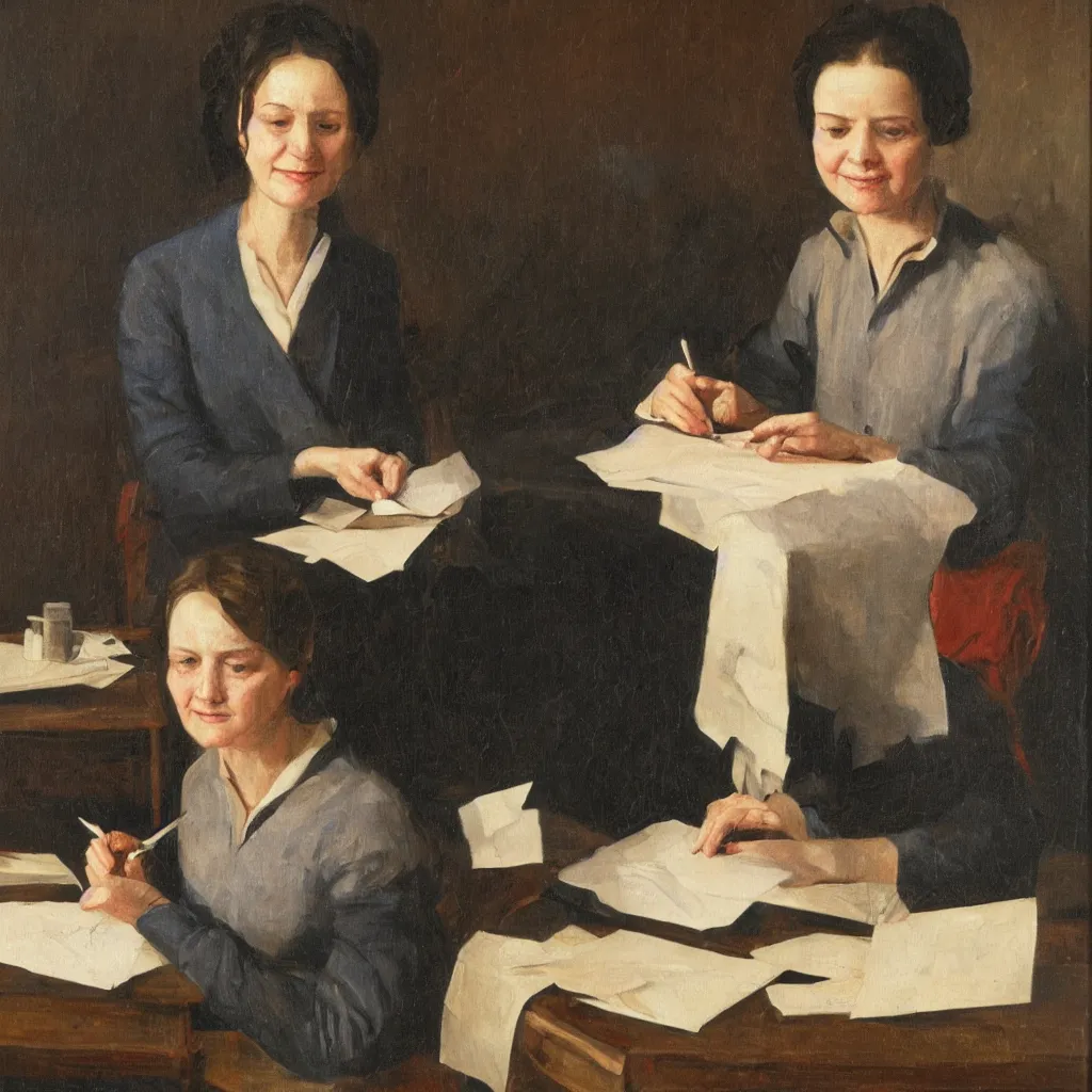 Prompt: a woman at a desk opening a letter, portrait, oil on canvas, warm, happy