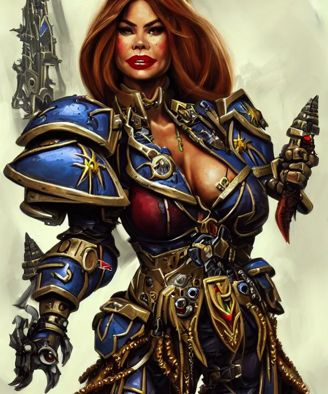 Image similar to Sofia Vergara as a battle sister from Warhammer 40k, portrait, highly detailed, intricate, concept art, artstation