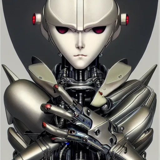 Image similar to prompt : photorealistic cinematic 3 d render of persona soft light painted by takato yamamoto, chrome mecha attributes and armor, inspired by ghost in shell anime, smooth face feature, intricate oil painting, high detail, sharp high detail, manga and anime 1 9 8 0