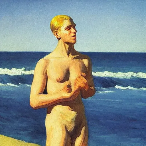 Prompt: a detailed painting, blonde man at a beach, edward hopper,