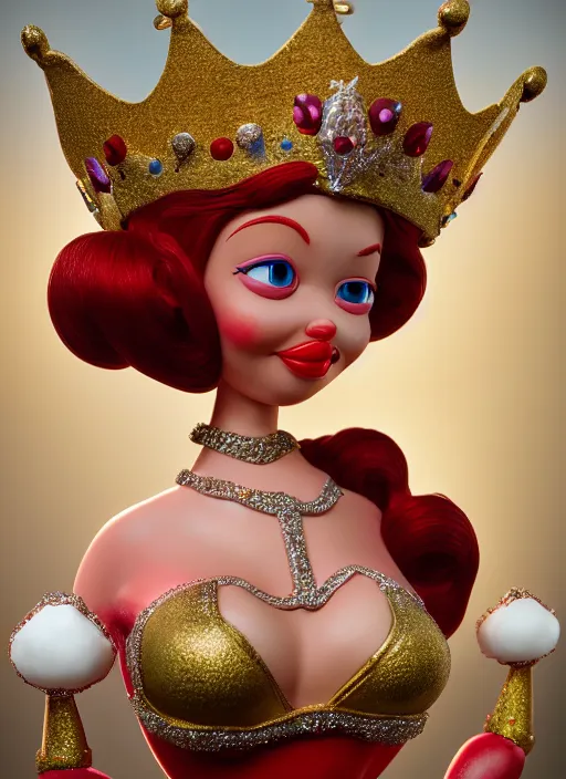 Prompt: highly detailed closeup, face profile portrait of a tin toy jessica rabbit as a fairytale princess wearing a crown eating cakes, bikini, unreal engine, nicoletta ceccoli, mark ryden, earl norem, lostfish, global illumination, detailed and intricate environment