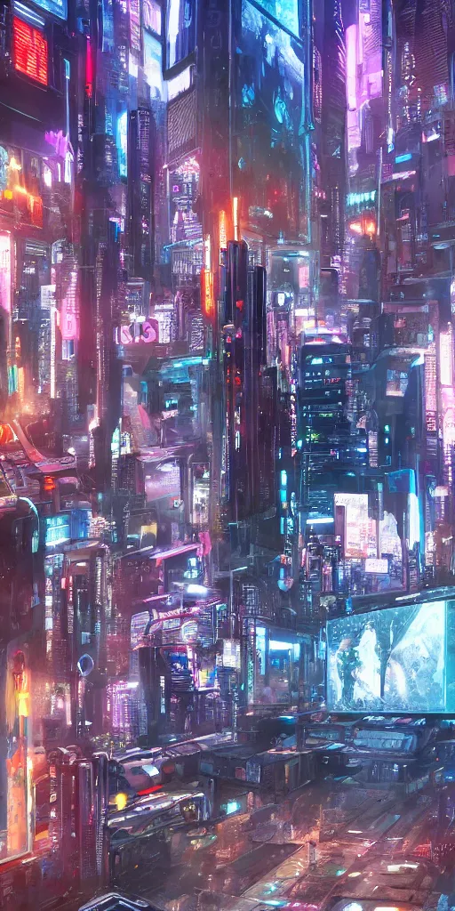 Image similar to hd photo of futuristic paintings displayed on big screen in cyberpunk city, enormously detailed, digital painting style of Jeszika Le Vye