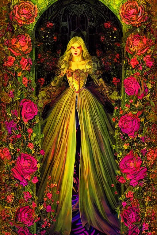 Image similar to Psychedelic black light style, nostalgia of a fairytale, elegant fairytale tower covered in roses, full body portrait of medieval princess, cottagecore, Exquisite, dramatic lighting, by Marc Simonetti, Colleen Doran