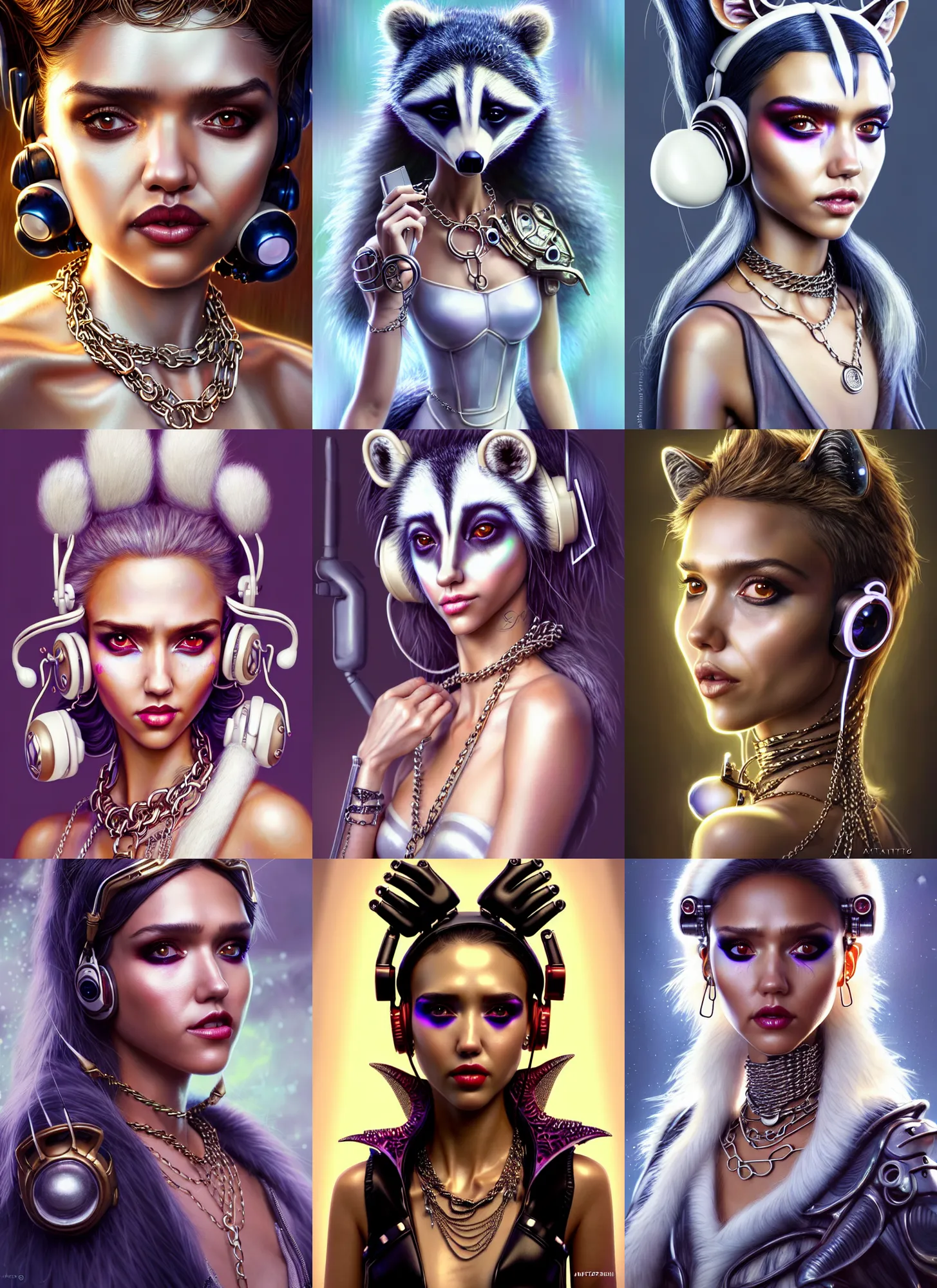 Prompt: disney weta portrait, beautiful lustrous ivory white edm clowncore raccoon jessica alba cyborg woman, earbuds, chains, bling, sci - fi, fantasy, cyberpunk, intricate, decadent, highly detailed, digital painting, ever after high, octane render, artstation, concept art, smooth, sharp focus, illustration, art by artgerm, loish, wlop