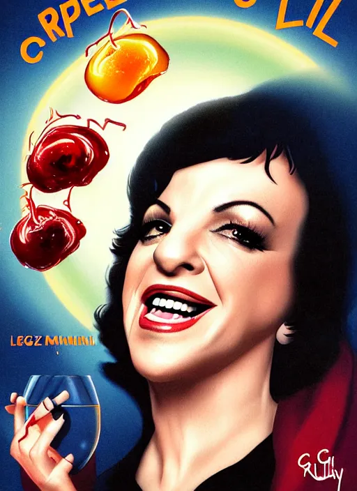 Prompt: highly detailed comedy caper movie poster with laughing liza minnelli face in a bowl of jelly by greg rutkowski