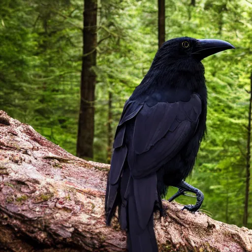 Prompt: male human and crow hybrid, photograph captured in a forest