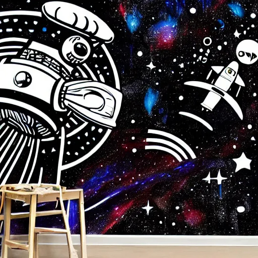 Image similar to mural of an astronaut exploring deep space, rocket in the background, laser beams, black and white paint, stencil art, abstract, cyberpunk, painted on a giant wall