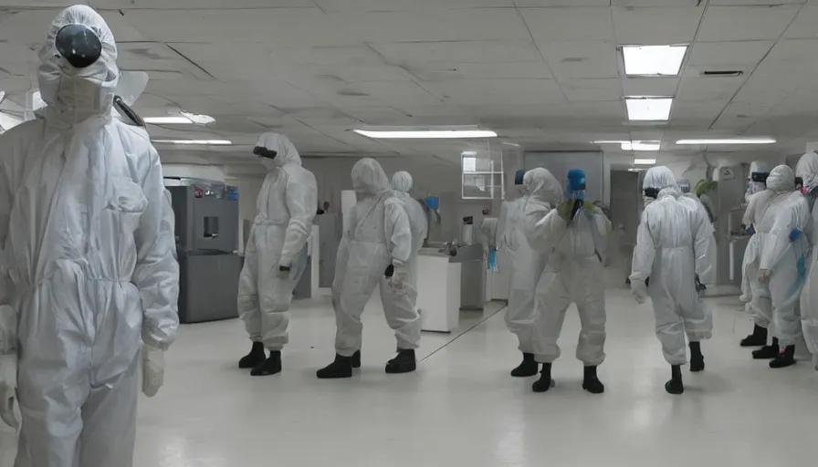 Image similar to Big budget color horror movie set inside a bioweapons lab, where a deadly virus is being created