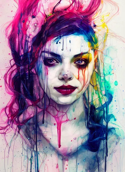 Image similar to harley quinn by agnes cecile, luminous design, pastel colours, ink drips, autumn lights