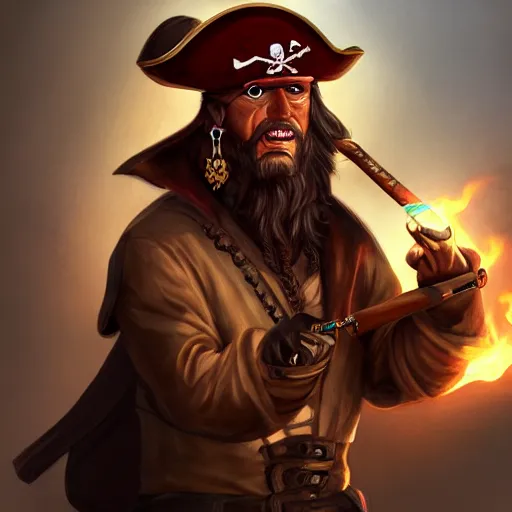 Image similar to pirate lighting his cigar with black dragon, digital art, trending on artstation