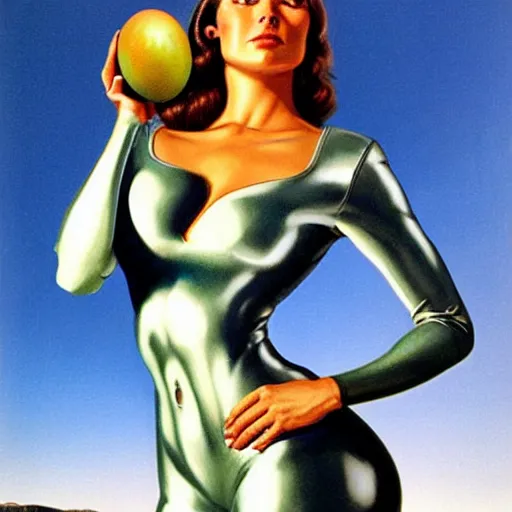 Image similar to beautiful Whitley Streiber Roswell grey alien extraterrestrial species female babe in a tight fitting silver metallic bikini spacesuit, , big silver head, green skinned, big black almond shaped alien eyes by Mort Kunstler and Gil Elvgren