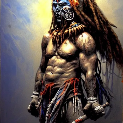 Image similar to art by simon bisley, primitive shaman warrior, atmospheric lighting, painted, intricate, blue and grey hour, ultra detailed