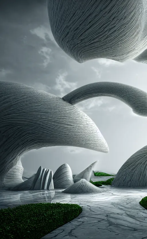 Image similar to highly detailed ultra sharp 3 d render cinematic composition of a smooth white ceramic porcelain magnolia stone white fluid fractal sci - fi surreal architecture landscape, marble, magnesium, silver, foliage, archviz, vincent callebaut composition, mamou - mani, beautiful lighting, 8 k, unreal engine, hdr, dof