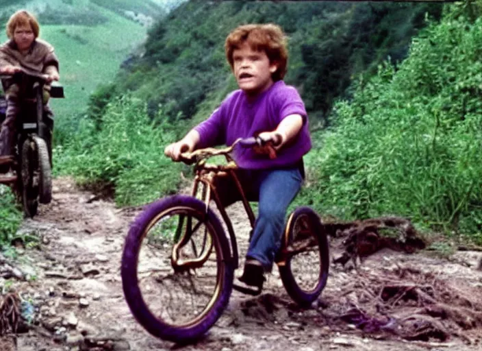 Image similar to film still of thanos riding a small childrens bike down a steep mountain road in the goonies 1 9 8 5