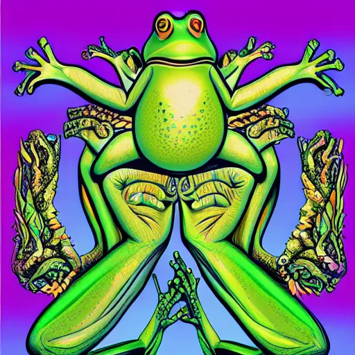 Image similar to Alex Jones turning thousands of frogs gay. Super resolution. Award winning illustration art in the style of Alex Grey