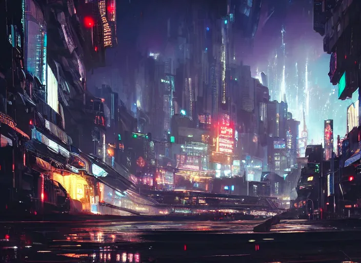 Image similar to meteorite hitting a cyberpunk city at night by wlop, key visual, high detail, digital art