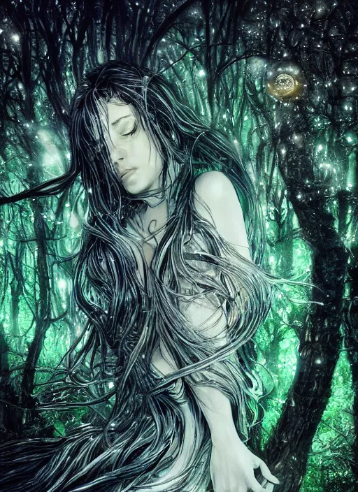 Image similar to glowing silver and golden elements, full close-up portrait, A beautiful dark witch in front of the full big moon, book cover, green forest, red white black colors, establishing shot, extremly high detail, foto realistic, cinematic lighting, pen and ink, intricate line drawings, by Yoshitaka Amano, Ruan Jia, Kentaro Miura, Artgerm, post processed, concept art, artstation, matte painting, style by eddie, raphael lacoste, alex ross