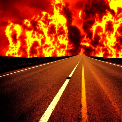 Prompt: I'm on a highway to hell, wide angle photograph