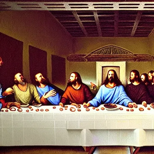 Prompt: nic cage in the last supper as painted by ray kurzweil
