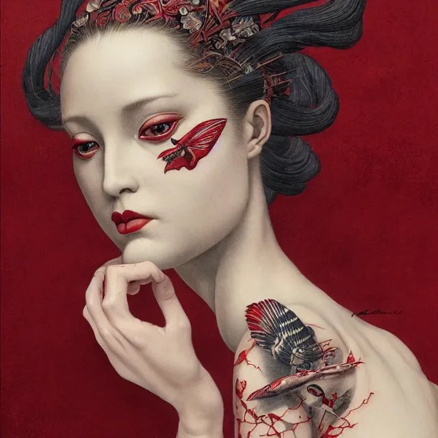 Image similar to ultra realistic illustration, beautiful woman dressed in red kimono, backview, tattoos, in the style of gerald brom by weta digital and beth cavener, high face symmetry, intricate, masterpiece, award winning, high face symmetry, intricate