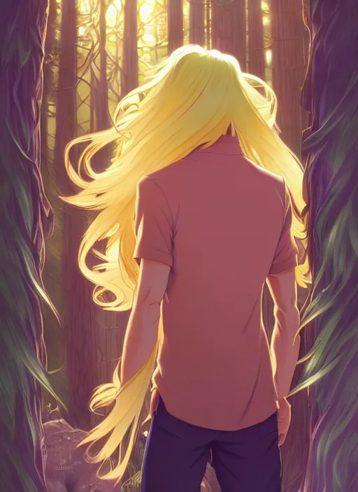 Prompt: book cover design, slender young man with long golden blond hair, shiny and sparkling, from behind, back shot, high angle, lost in a magical forest, natural lighting, path traced, highly detailed, high quality, cartoon, digital painting, by don bluth and ross tran and studio ghibli and alphonse mucha