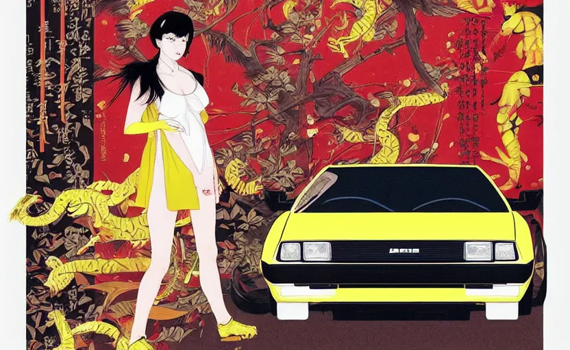Image similar to a red delorean x a yellow tiger, art by hsiao - ron cheng & utagawa kunisada in magazine collage style # de 9 5 f 0