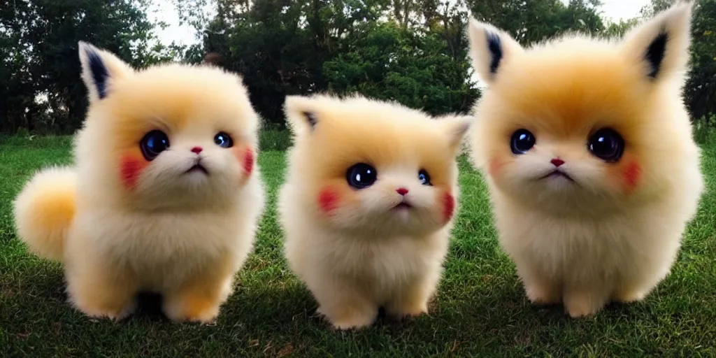 Image similar to real life pokemons, cute!!!, content!!!, mischievous!!!, adorable!!!, little furballs, fluffy!!!, ultra realistic!!!, golden hour, sharp focus