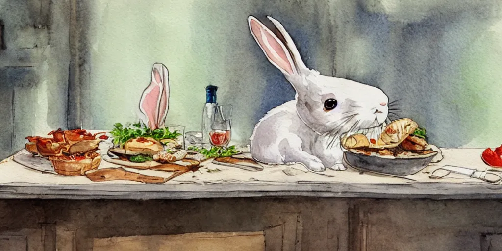 Image similar to a rabbit cooking food inside a french cozy kitchen, realistic watercolour