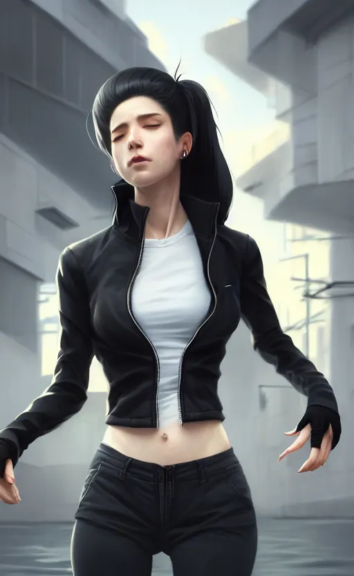 Image similar to black ponytail hair, pale woman in a black unzipped jacket, black shorts, by artgerm, beautiful render, matte painting, realistic, dynamic angle, wlop, loish, octane render, sharp focus, by greg rutkowski makoto shinkai