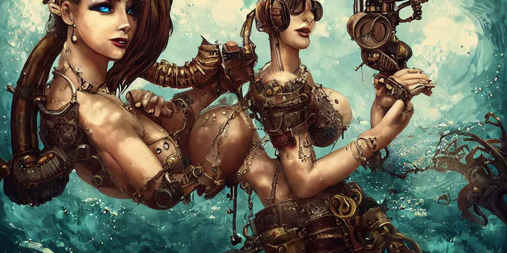 Image similar to digital art, trending on artstation, pin ups in an underwater steam punk world