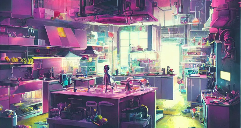 Image similar to IKEA catalogue photo of a cyberpunk kitchen, by Paul Lehr