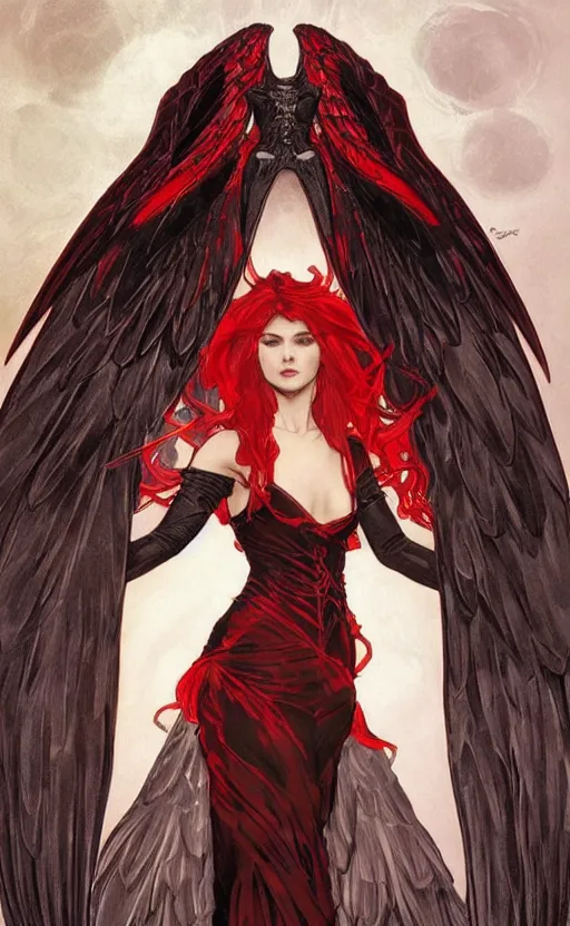 Image similar to Female dark angel in gothic red and black dress, their black wings are extended. By artgerm and greg rutkowski and alphonse mucha