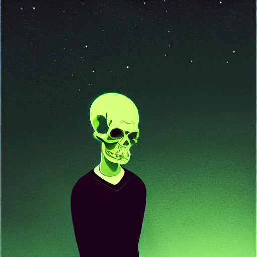 Image similar to a portrait of a lonely man with a skull as his head, green dramatic and cinematic light from the streetlight, the background is the sky full of stars, in the style of edward hopper, 4 k,