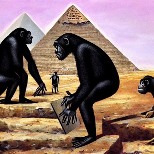 Image similar to chimpanzees building the great pyramid of giza, painting by hans glaser,