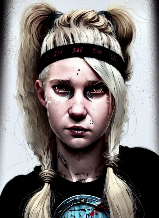 Image similar to highly detailed closeup portrait of a sewer punk swedish female road warrior student, tartan garment, blonde hair pigtails with headband by atey ghailan, by greg rutkowski, by greg tocchini, by james gilleard, by joe fenton, by kaethe butcher, gradient sapphire, black, brown and white color scheme, grunge aesthetic!!! white graffiti tag wall background