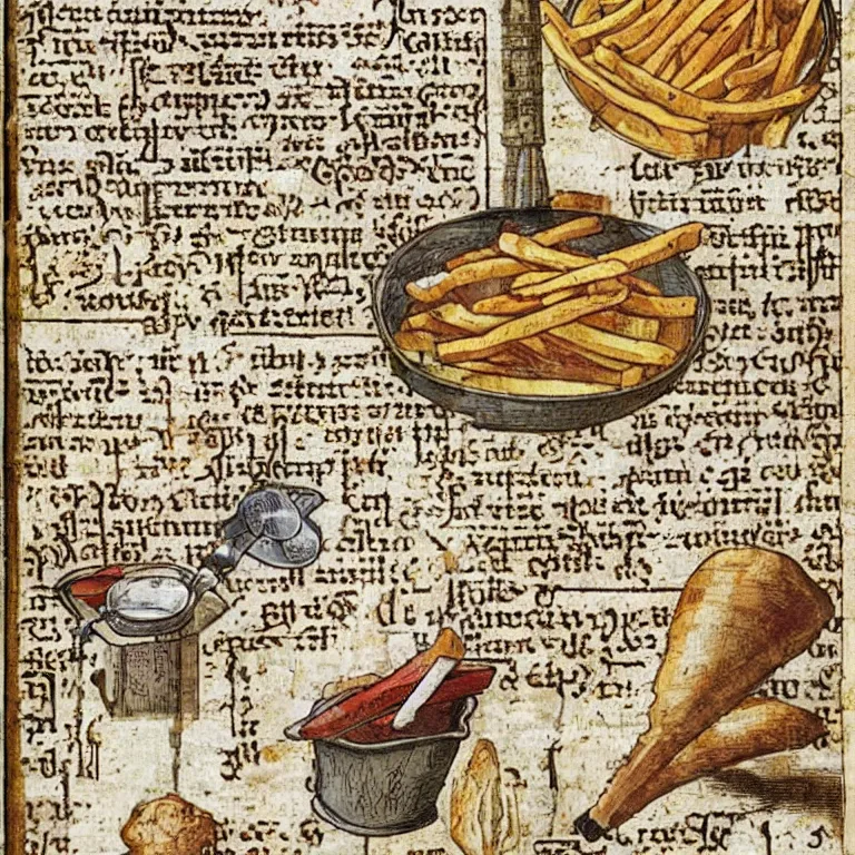 Prompt: middle age illustrated recipe for french fry ( ( ( ( a french fry cone ) ) ) ) lot of medieval enluminures in the background explaining the recipe, schematic in a notebook