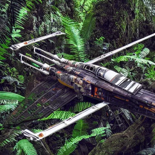 Prompt: a crashed x-wing fighter in the dense jungle, detailed 8k photography