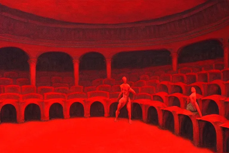 Image similar to only with red, crowd screaming, an exposed painting in a roman theater, in the style of beksinski, parts by edward hopper, parts by rodcenko, parts by yue minjun, intricate and epic composition, red by caravaggio, insanely quality, highly detailed, masterpiece, red light, artstation, 4 k