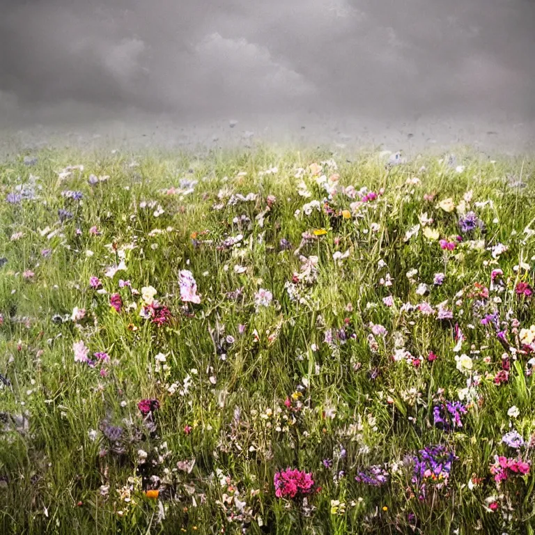 Image similar to atmospheric illustration of decaying bones in a meadow of flowers