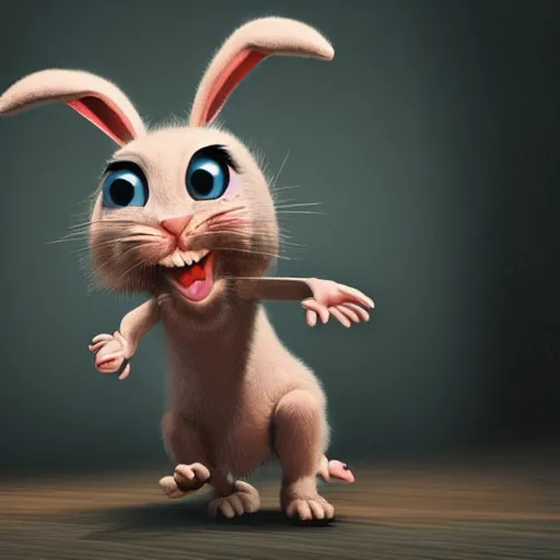 Prompt: A extremely highly detailed majestic hi-res beautiful, highly detailed portrait of a scary terrifying creepy cartoon rabbit standing up wearing pants and a shirt in the style of 1960's Walt Disney animation, dramatic lightning, rim light, hyperrealistic, photorealistic, octante render, elegant, cinematic, high textures, hyper sharp, 8k, insanely detailed and intricate, graphic design, cinematic atmosphere, hypermaximalist, hyper realistic, super detailed, 4k HDR hyper realistic