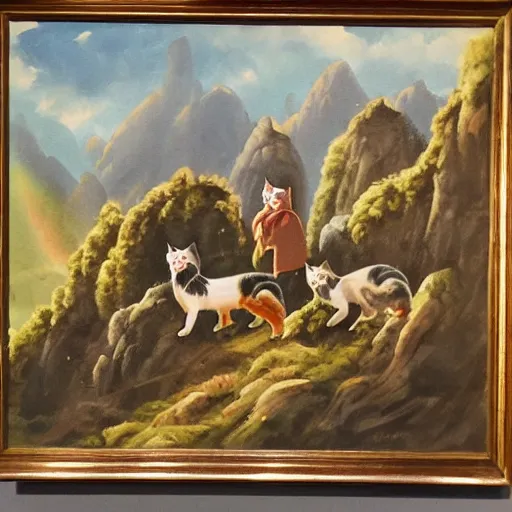 Image similar to a beautiful scenic painting of a group of adventurers cats