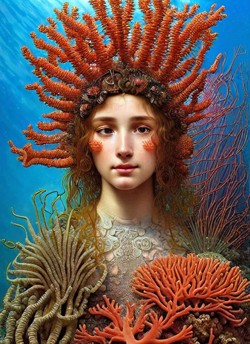 Prompt: hyperrealistic detailed face portrait photo of the beautiful young goddess of the red coral reef with an intricate helmet of corals, sea kelp, sea plants, fish, jellyfish, sharp focus, moody atmosphere, highly detailed digital painting, art by ernst haeckel, h. r. giger, alphonse mucha, gothic, neo - gothic, hyper - ornamental,