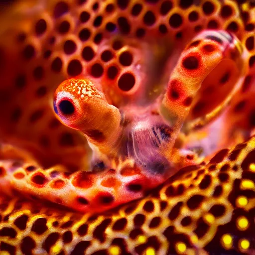 Image similar to fiery whimsical emotional eyes cephalopod, in a photorealistic macro photograph with shallow dof