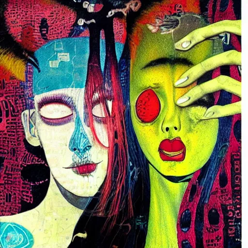 Image similar to beautiful painting of two bizarre psychedelic women kissing each other closeup in tokyo in autumn, speculative evolution, mixed media collage by basquiat and junji ito, magazine collage art, paper collage art, sapphic art, lesbian art