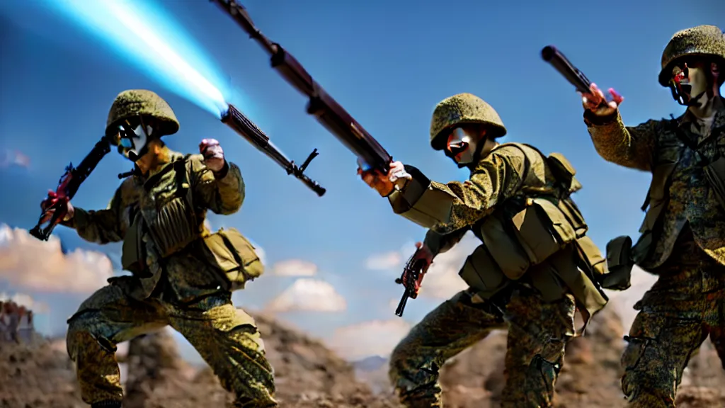Image similar to two futuristic japanese soldiers firing away from the camera, eye catching composition, realistic, unreal engine 5, global illumination, detailed environment, bright colours, cinematic, atmosphere, 4 k
