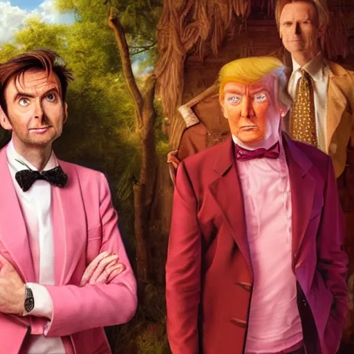 Image similar to david tennant and donald trump in pink clothes with the tenth doctor who, highly detailed, artstation, concept art, fantasy, smooth, sharp focus, illustration, perfect face, art by nikolay makovsky, jacek malczewski, arthur hughes, edward okun, franz xaver winterhalter