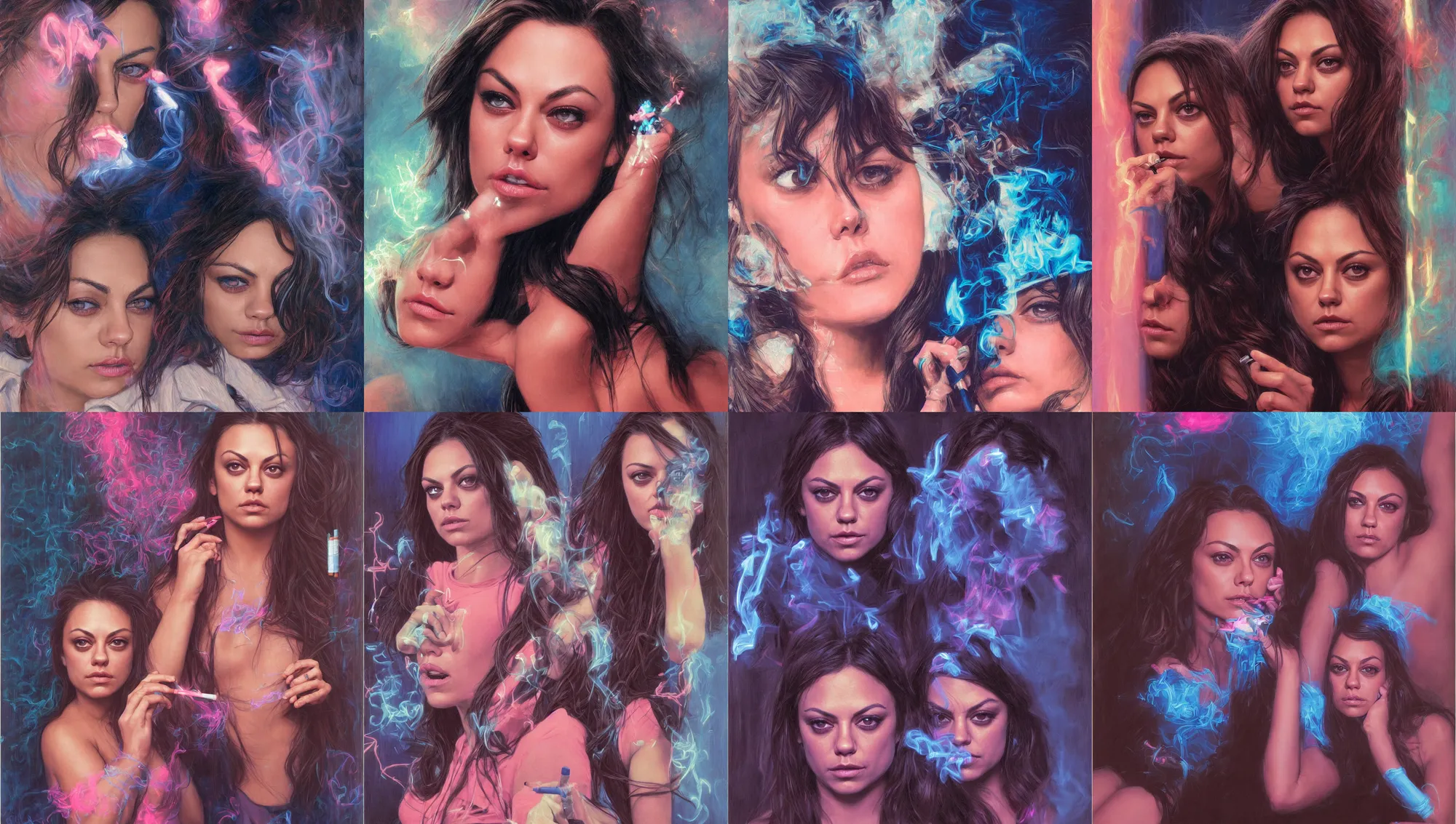 Image similar to portrait mila kunis looking into the camera leaning back against a wall smoking a cigarette, blue and pink neon lit entrance, 1 9 8 0 s, intricate, moody, tasteful, intimate, highly detailed, short focus depth, artgerm, donato giancola, joseph christian leyendecker