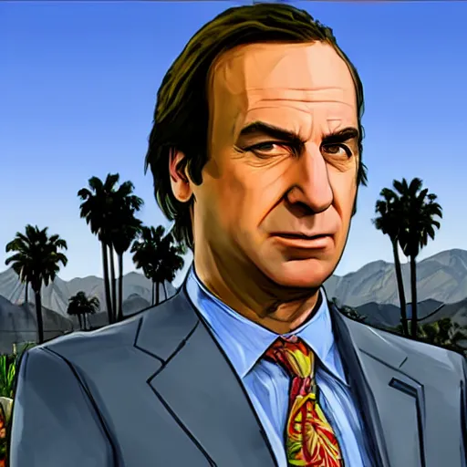 Image similar to Saul Goodman in GTA V . Los Santos in the background, palm trees. In the art style of Stephen Bliss.