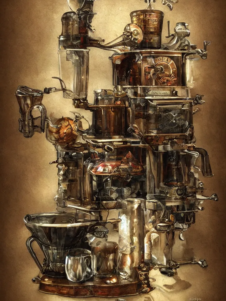 Image similar to ancient coffee machine, by Simon Stalenhaag, by Yoshita Amano, by Esao Andrews, sharp focus, fresh colors, deviantart